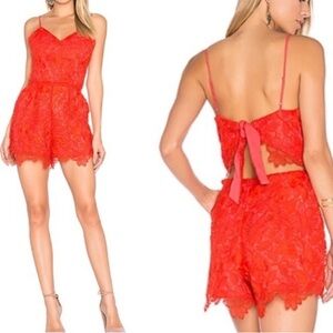 LOVERS + FRIENDS SONGBIRD ROMPER ORANGE RED CORAL LACE TIE BACK MEDIUM